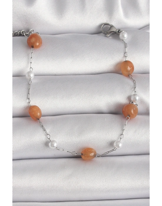 316L Çelik Gümüş Renk Turuncu Doğaltaş Model İnci Detay Kadın Bileklik
