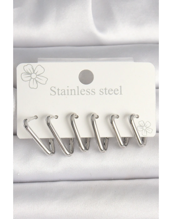 316L Çelik Gümüş Renk Üçgen Model Kadın Küpe Seti