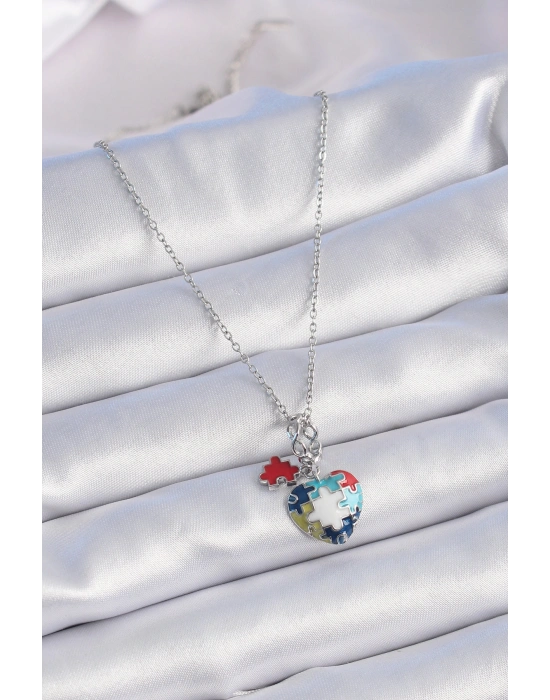 316L Çelik Gümüş Renk Yapboz Motif Kalp Figür Charm Model Kadın Kolye