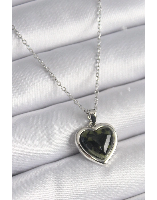 316L Çelik Gümüş Renk Yeşil Mineli Kalp Model Kadın Kolye