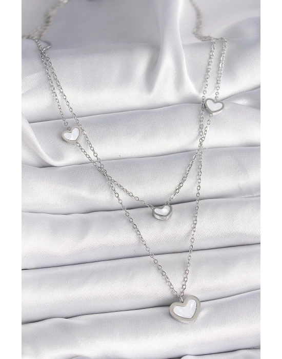 316L Çelik Gümüş Renk Zincir 2Li Zincir Kalp Model Kadın Kolye