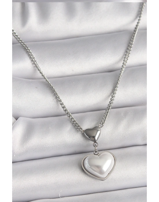 316L Çelik Gümüş Renk Zincir 3D Kalp Model Kadın Kolye