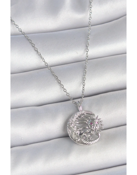 316L Çelik Gümüş Renk Zincir Ay Güneş Model Zirkon Taş Detay Kadın Kolye