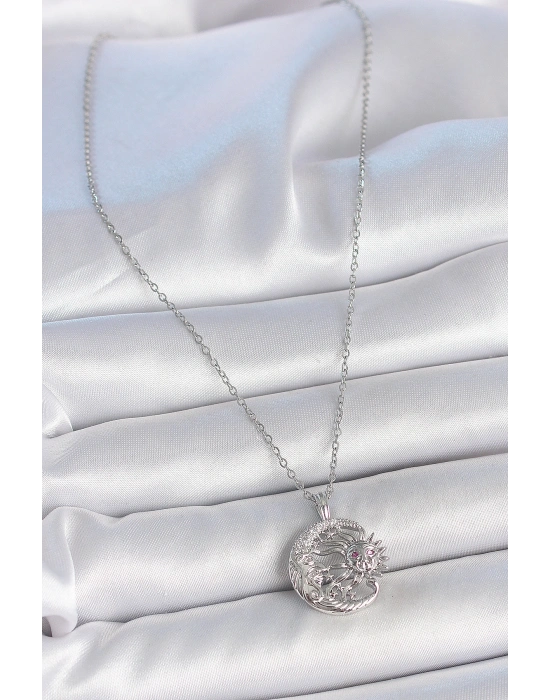 316L Çelik Gümüş Renk Zincir Ay Güneş Model Zirkon Taş Detay Kadın Kolye