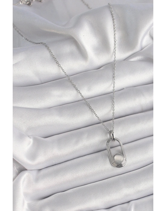 316L Çelik Gümüş Renk Zincir Beyaz Kedi Göz Model Kadın Kolye