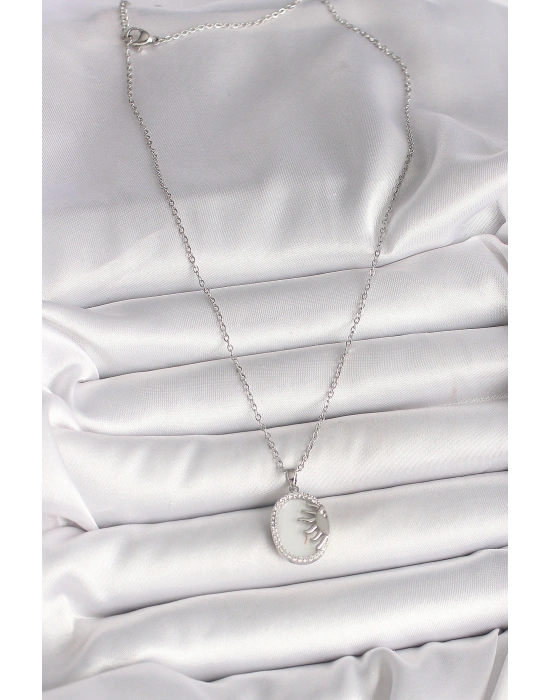 316L Çelik Gümüş Renk Zincir Beyaz Mineli Gün Batımı Model Zirkon Taş Detaylı Kadın Kolye