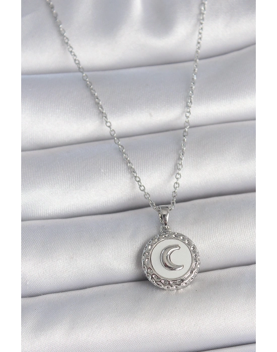 316L Çelik Gümüş Renk Zincir Beyaz Mineli Hilal İşlemeli Madalyon Model Kadın Kolye