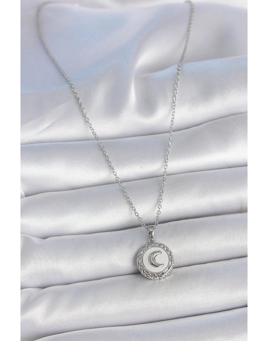 316L Çelik Gümüş Renk Zincir Beyaz Mineli Hilal İşlemeli Madalyon Model Kadın Kolye