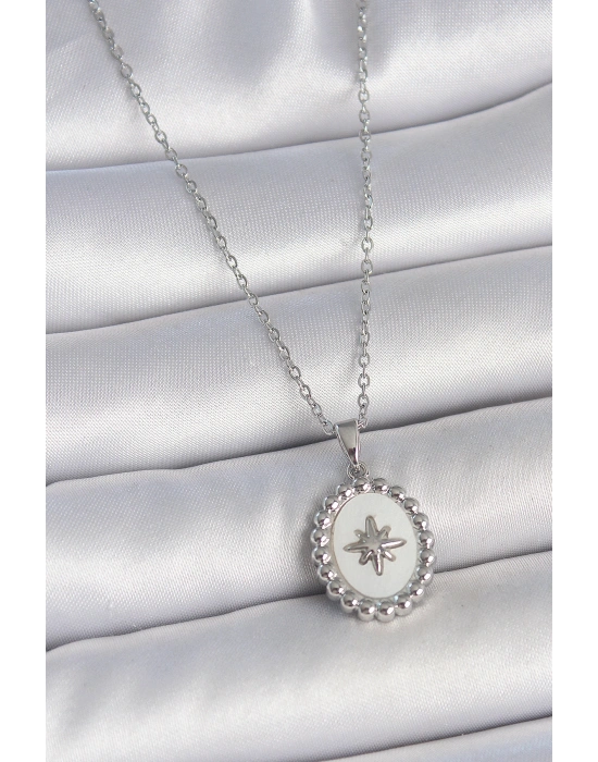 316L Çelik Gümüş Renk Zincir Beyaz Mineli Kutup Yıldız İşlemeli Madalyon Model Kadın Kolye