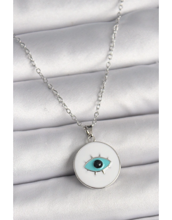 316L Çelik Gümüş Renk Zincir Beyaz Mineli Turkuaz Göz İşleme Model Kadın Kolye