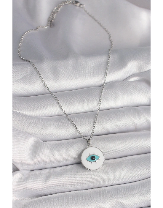 316L Çelik Gümüş Renk Zincir Beyaz Mineli Turkuaz Göz İşleme Model Kadın Kolye