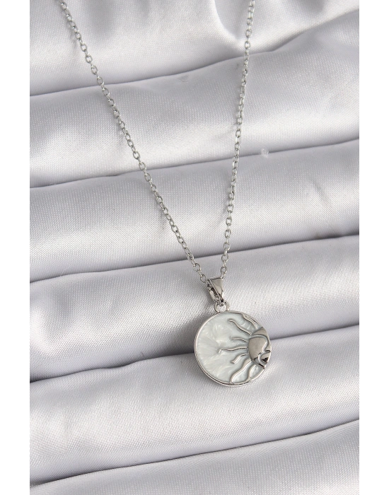 316L Çelik Gümüş Renk Zincir Beyaz Sedefli Gün Batımı Model Kadın Kolye