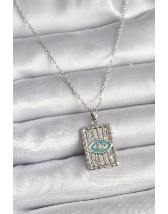 316L Çelik Gümüş Renk Zincir Göz İşlemeli Madalyon Model Kadın Kolye