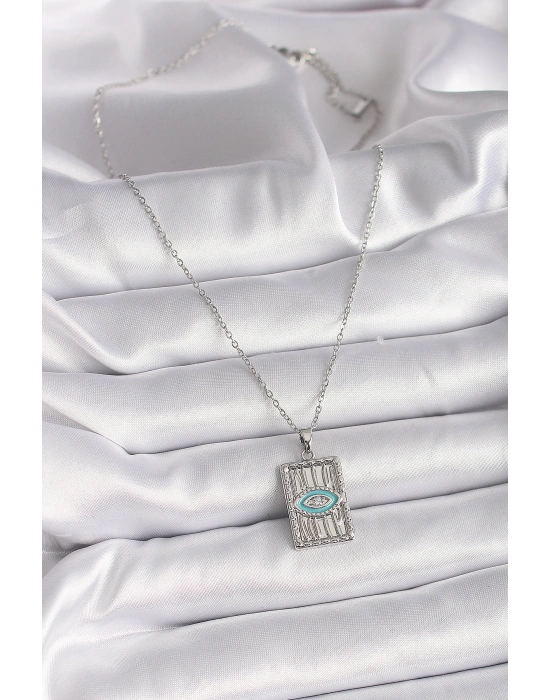 316L Çelik Gümüş Renk Zincir Göz İşlemeli Madalyon Model Kadın Kolye