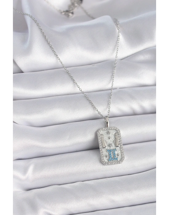 316L Çelik Gümüş Renk Zincir İkizler Burcu Zirkon Taşlı Kadın Kolye