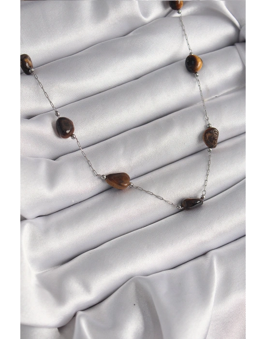 316L Çelik Gümüş Renk Zincir Kahverengi Doğaltaş Model Kadın Kolye