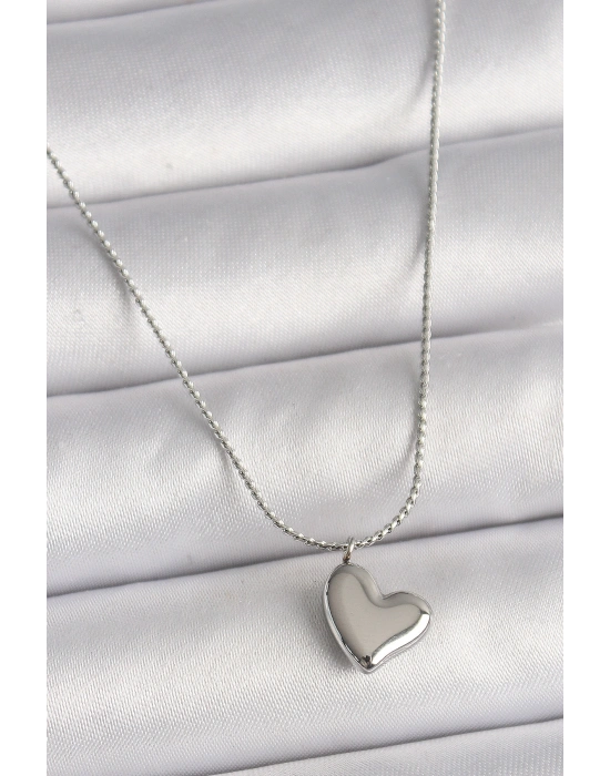 316L Çelik Gümüş Renk Zincir Kalp Figür Kadın Kolye