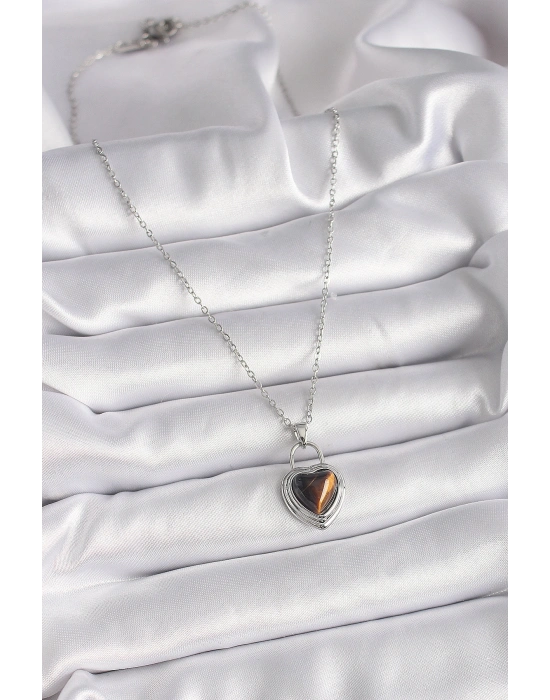 316L Çelik Gümüş Renk Zincir Kilit Kalp Kehribar Boncuk Model Kadın Kolye