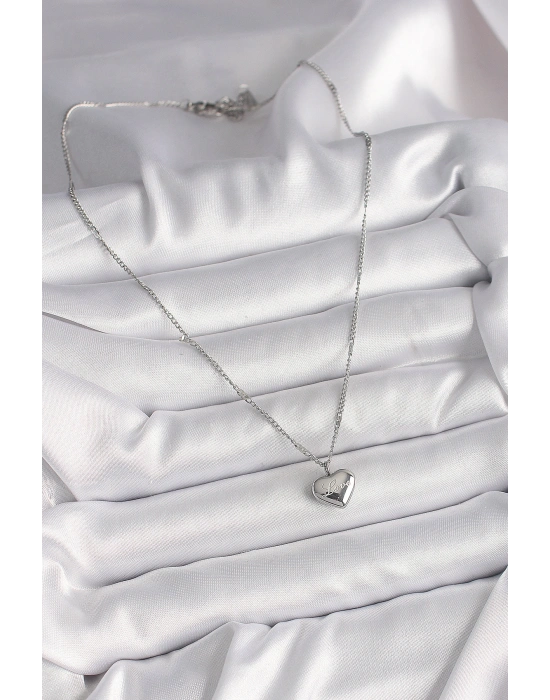 316L Çelik Gümüş Renk Zincir Love İşleme Kalp Figür Kadın Kolye
