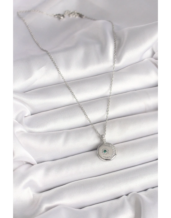 316L Çelik Gümüş Renk Zincir Madalyon Zirkon Taşlı İşlemeli Hilal Yıldız Model Kadın Kolye