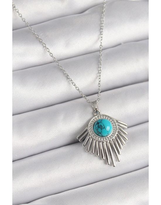 316L Çelik Gümüş Renk Zincir Mavi Boncuklu Zirkon Taşlı Kadın Kolye