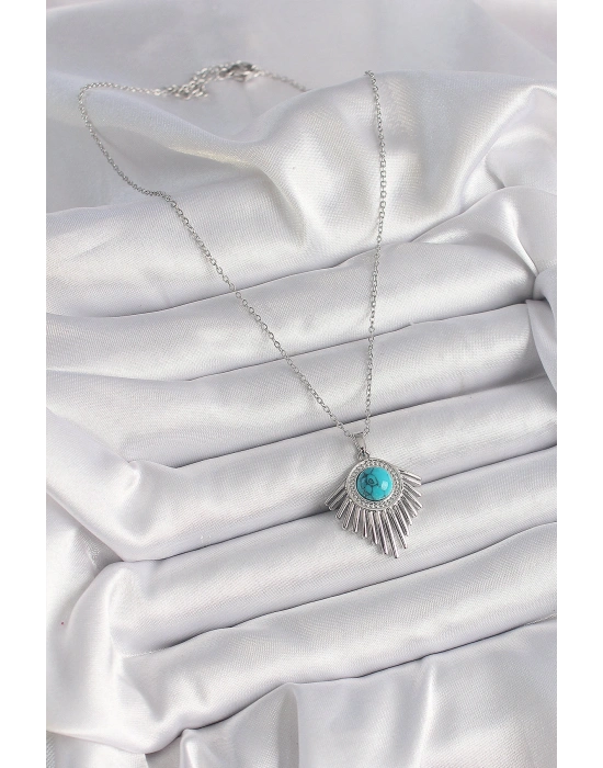 316L Çelik Gümüş Renk Zincir Mavi Boncuklu Zirkon Taşlı Kadın Kolye