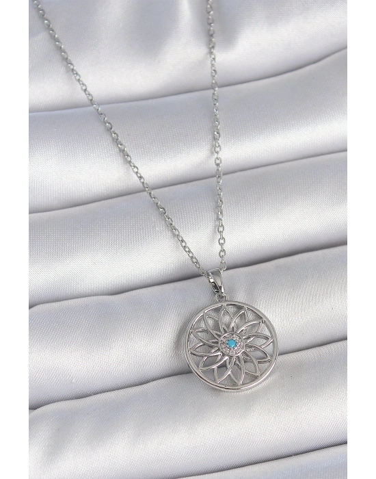 316L Çelik Gümüş Renk Zincir Mavi Taşlı Lotus Model Kadın Kolye