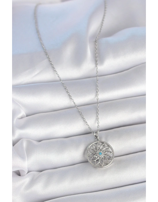 316L Çelik Gümüş Renk Zincir Mavi Taşlı Lotus Model Kadın Kolye
