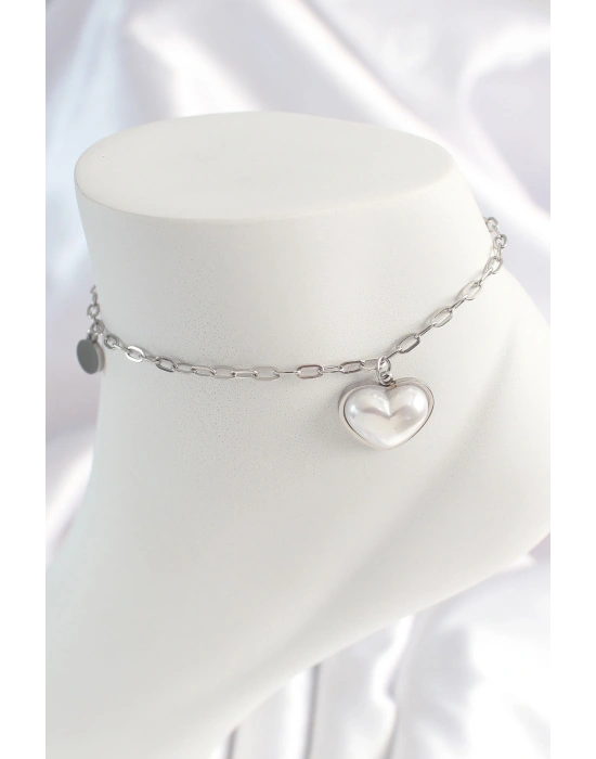 316L Çelik Gümüş Renk Zincir Model 3D Kalp Beyaz Kalp Figür Kadın HalHal