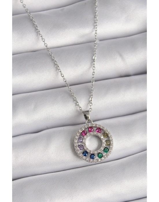 316L Çelik Gümüş Renk Zincir Renkli Zirkon Taşlı Madalyon Model Kadın Kolye