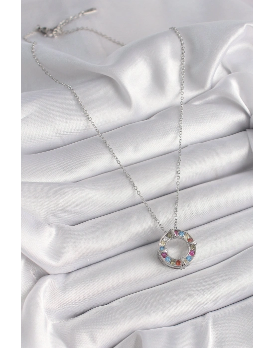 316L Çelik Gümüş Renk Zincir Renkli Zirkon Taşlı Xoxo Model Kadın Kolye