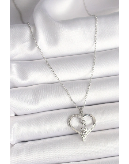 316L Çelik Gümüş Renk Zincir Zirkon Taş Detaylı Kalp Model Kadın Kolye