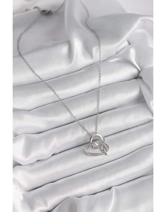 316L Çelik Gümüş Renk Zincir Zirkon Taş Detaylı Kalp Model Sonsuzluk Detay Kadın Kolye