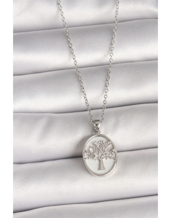 316L Çelik Gümüş Renk Zincir Zirkon Taş İşlemeli Beyaz Mineli Ağaç İşlemeli Portre Model Kadın Kolye