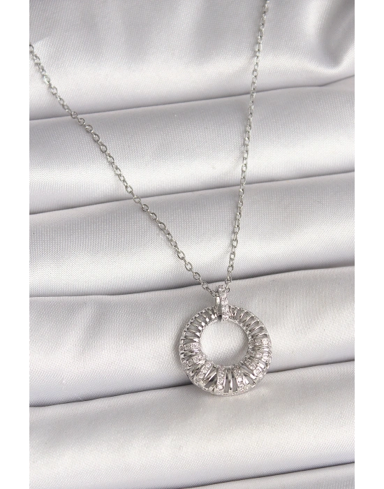 316L Çelik Gümüş Renk Zincir Zirkon Taş İşlemeli Daire Model Kadın Kolye