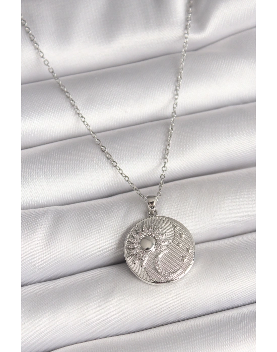 316L Çelik Gümüş Renk Zincir Zirkon Taşlı Ay Güneş İşlemeli Madalyon Model Kadın Kolye