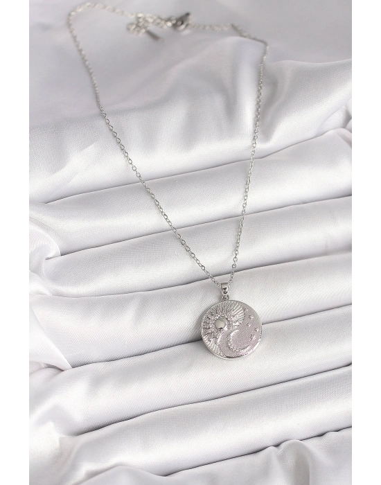 316L Çelik Gümüş Renk Zincir Zirkon Taşlı Ay Güneş İşlemeli Madalyon Model Kadın Kolye