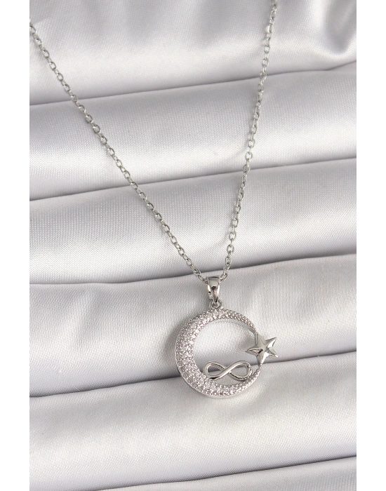 316L Çelik Gümüş Renk Zincir Zirkon Taşlı Ay Yıldız Model Sonsuzluk Detay Kadın Kolye