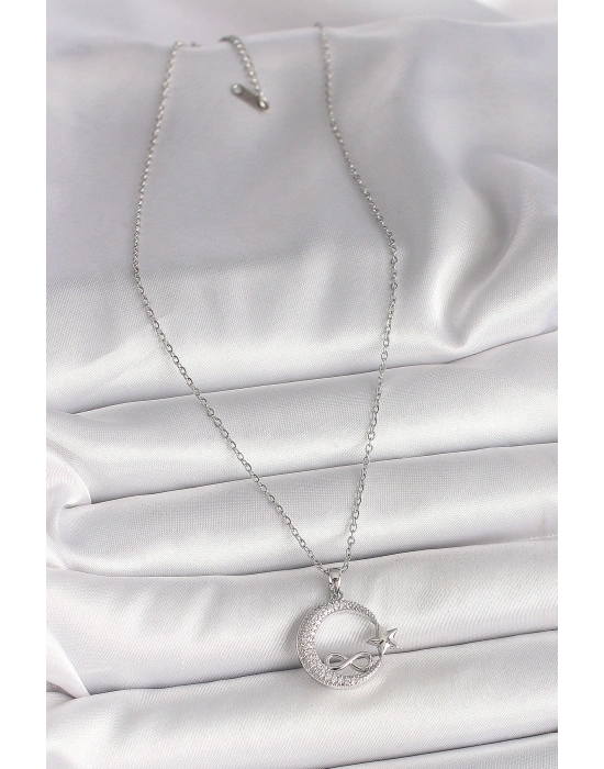 316L Çelik Gümüş Renk Zincir Zirkon Taşlı Ay Yıldız Model Sonsuzluk Detay Kadın Kolye