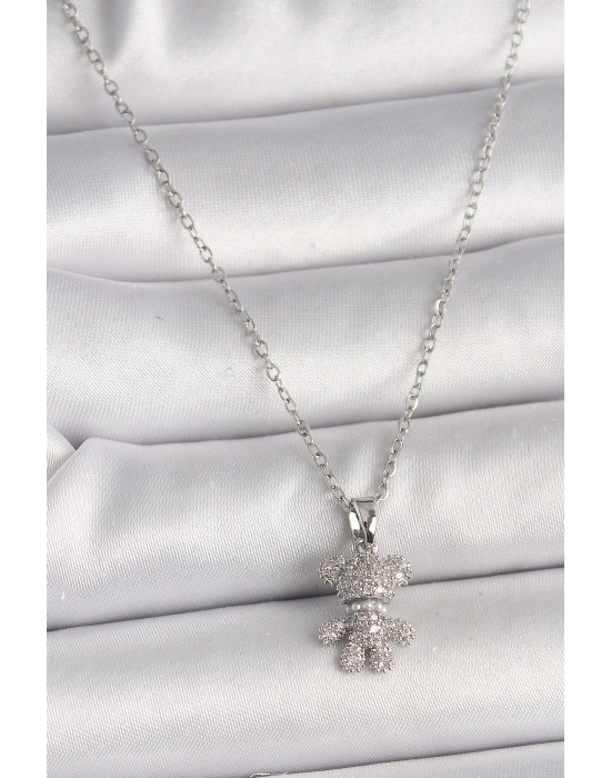 316L Çelik Gümüş Renk Zincir Zirkon Taşlı Ayıcık Figür Kadın Kolye