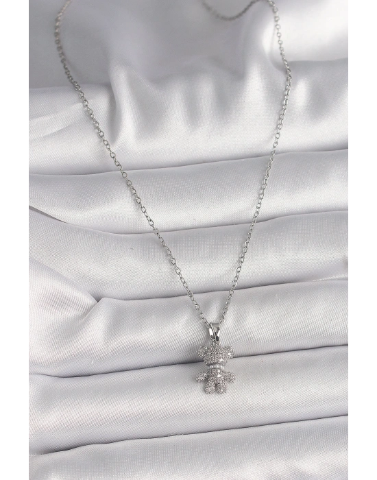 316L Çelik Gümüş Renk Zincir Zirkon Taşlı Ayıcık Figür Kadın Kolye