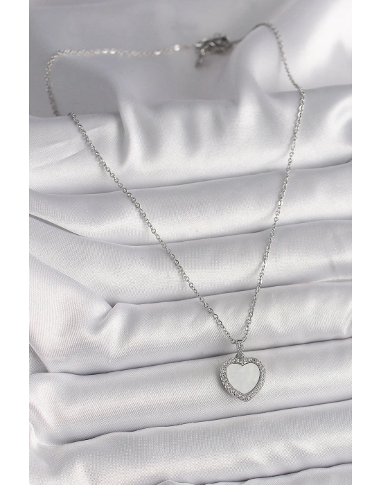 316L Çelik Gümüş Renk Zincir Zirkon Taşlı Beyaz Mineli Kalp Model Kadın Kolye