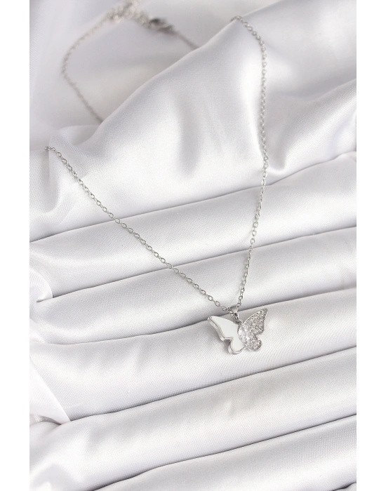 316L Çelik Gümüş Renk Zincir Zirkon Taşlı Beyaz Mineli Kelebek Model Kadın Kolye