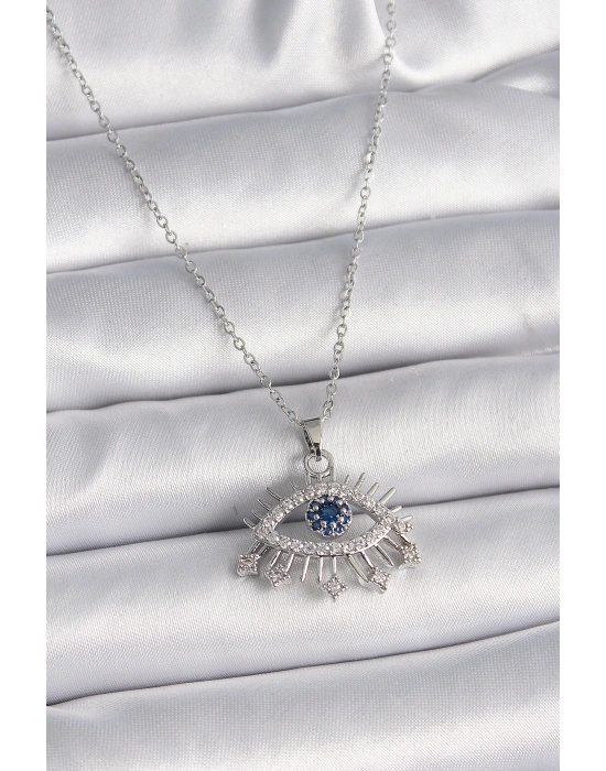 316L Çelik Gümüş Renk Zincir Zirkon Taşlı Göz Model Kadın Kolye