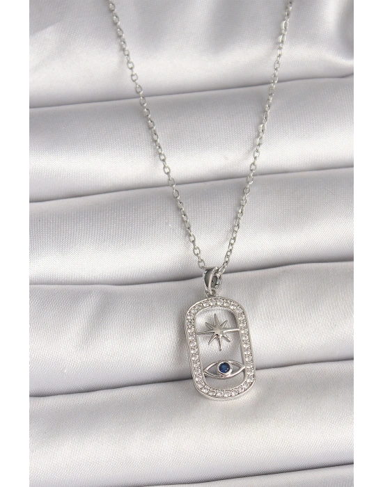 316L Çelik Gümüş Renk Zincir Zirkon Taşlı Göz Yıldız Model Kadın Kolye
