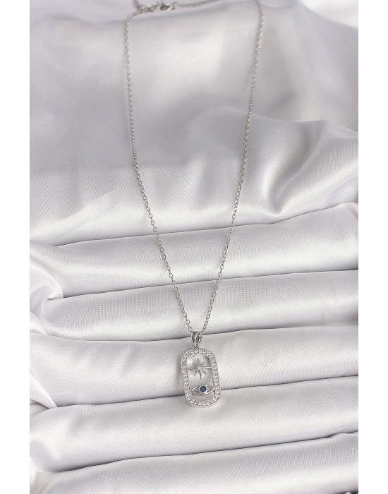 316L Çelik Gümüş Renk Zincir Zirkon Taşlı Göz Yıldız Model Kadın Kolye