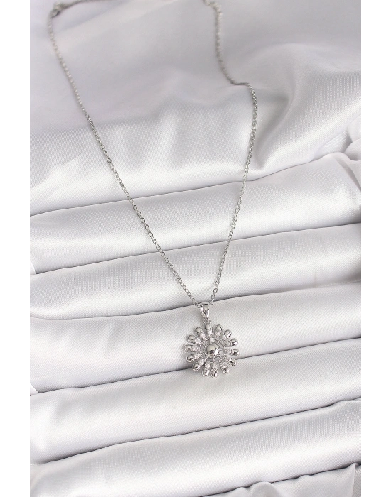 316L Çelik Gümüş Renk Zincir Zirkon Taşlı Güneş Model Kadın Kolye