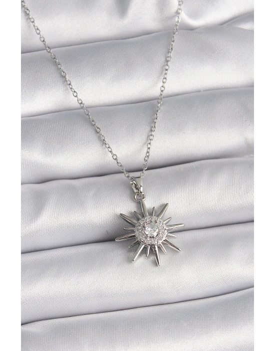 316L Çelik Gümüş Renk Zincir Zirkon Taşlı Güneş Model Kadın Yüzük