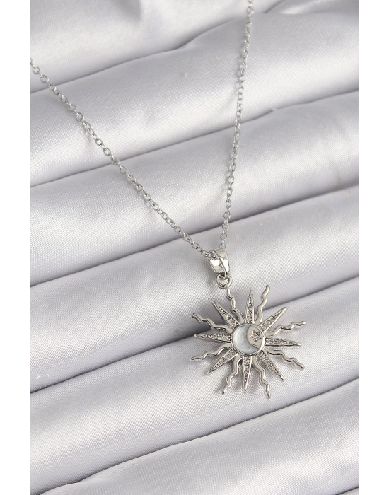 316L Çelik Gümüş Renk Zincir Zirkon Taşlı Güneş Model Sedefli Ay İşleme Detay Kadın Kolye