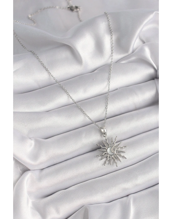 316L Çelik Gümüş Renk Zincir Zirkon Taşlı Güneş Model Sedefli Ay İşleme Detay Kadın Kolye